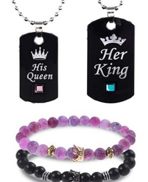 Pulseras Collars de Pareja Pulseras de Cuentas Piedra de Lava volcánica Collar de Acero Inoxidable