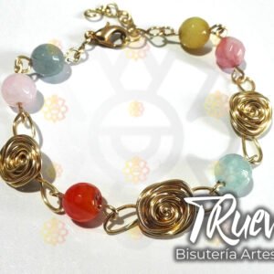 Pulsera de rosas doradas y ágatas de colores