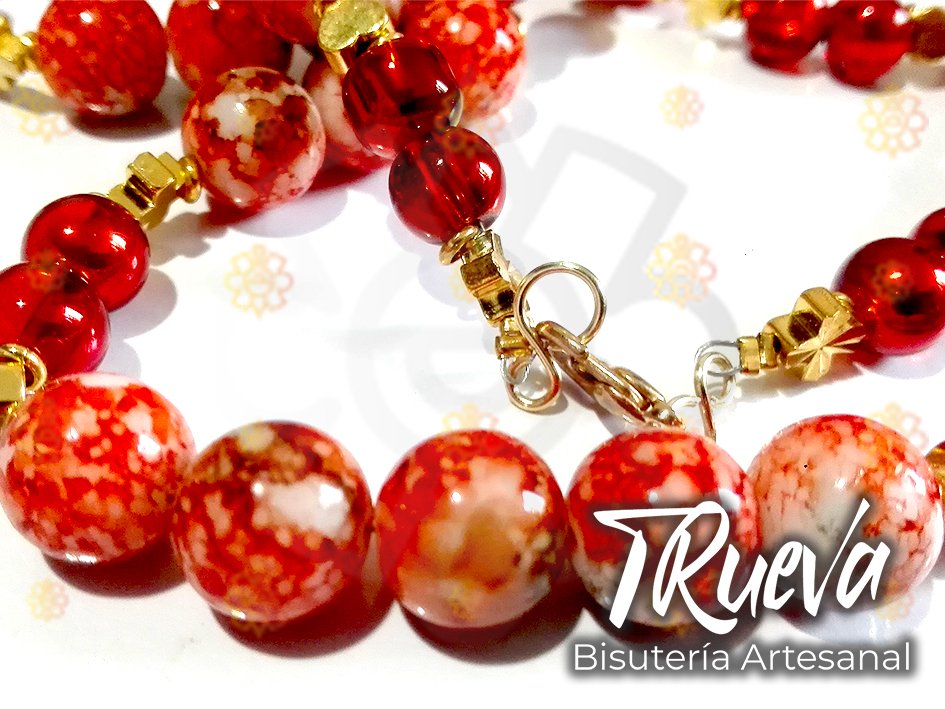 Collar de perlas acrílicas rojo-blanco, transparente y abalorios dorados