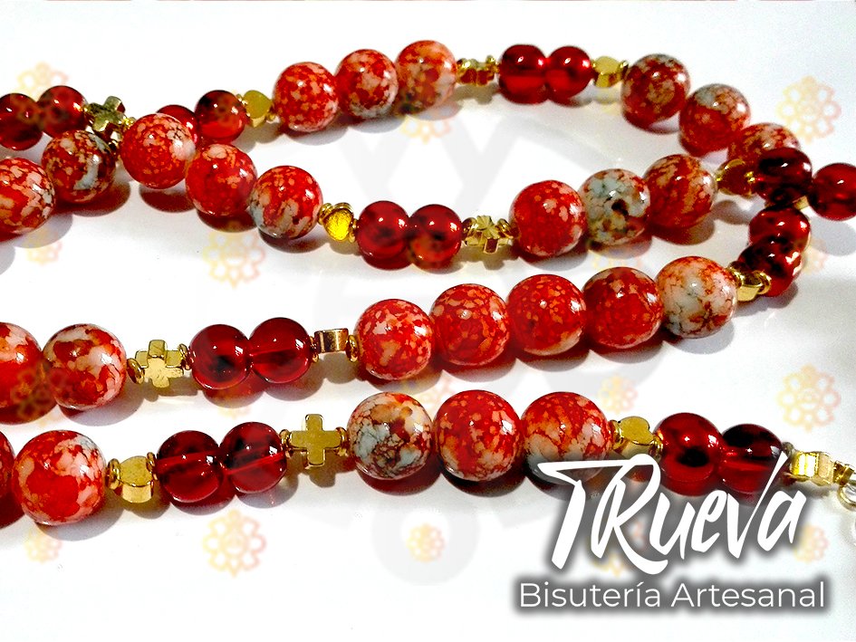 Collar de perlas acrílicas rojo-blanco, transparente y abalorios dorados - Image 3