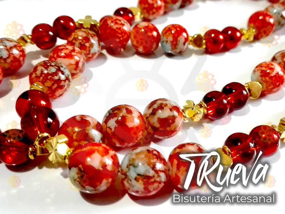 Collar de perlas acrílicas rojo-blanco, transparente y abalorios dorados - Image 2