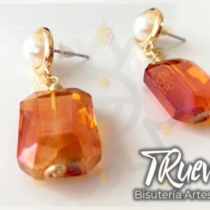 Pendientes chapa de oro y perla con cristal de color
